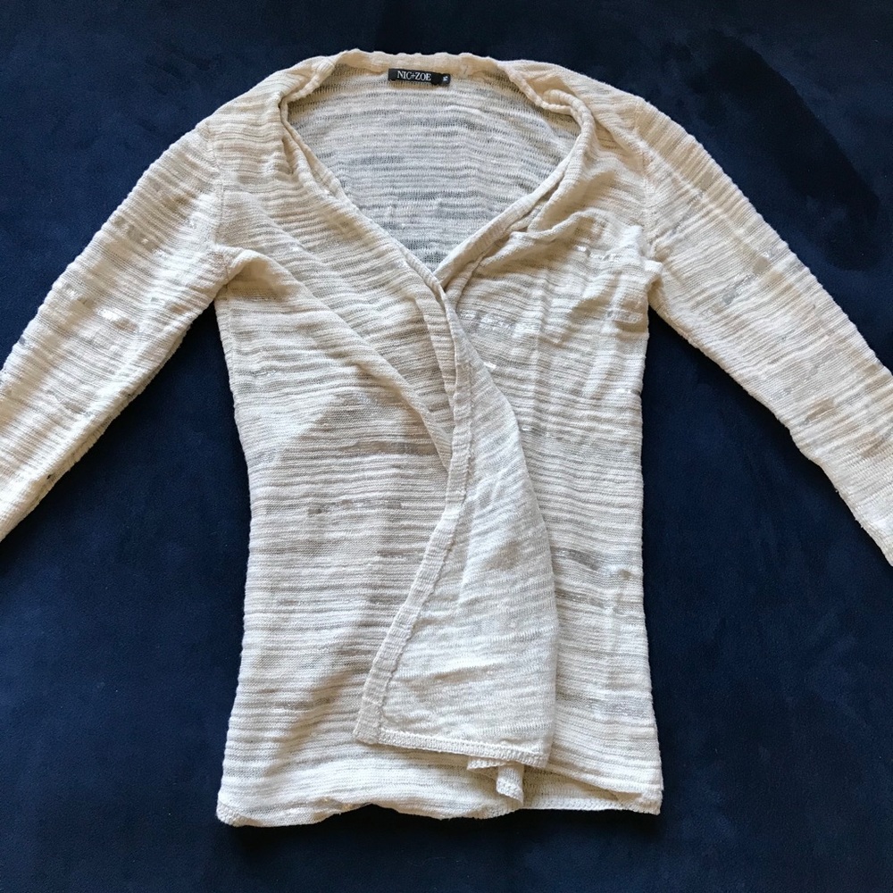 NIC+ZOE CREAM SILVER LINEN LOOSE KNIT‎ CARDIGAN